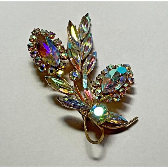 AB Aurora Borealis Brooch Pin Gold Tone Floral Spray Mid Century Modern - Picture 3 of 5